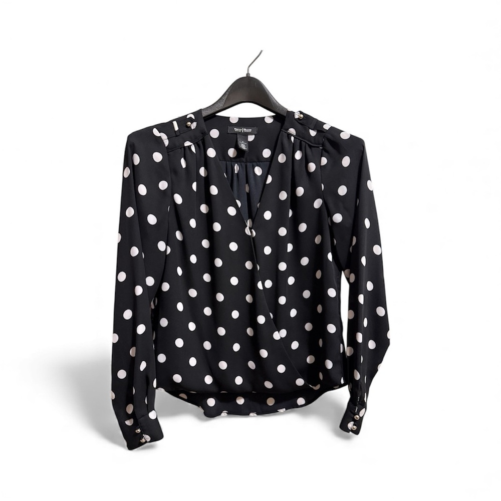 White House Black Market Black and White Polka Dot faux wrap blouse